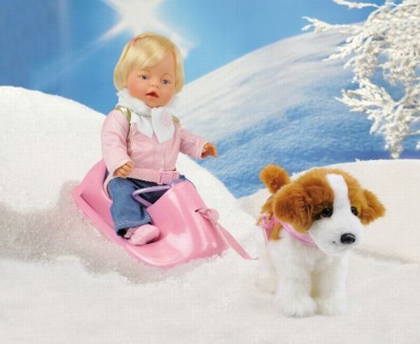 babyborn pop met slee en lopende hond