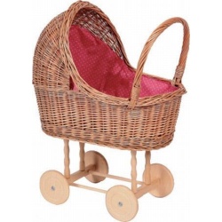 Poppenwagen riet hout roze