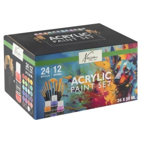 Vergroot Plakkaatverf Acrylic Set Compleet 24x59ml+12 Kwasten Plakkaatverf Acrylic Set Compleet 24x59ml+12 Kwasten