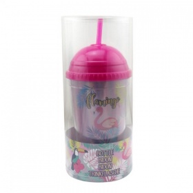 Vergroot Flamingo drinkbeker met rietje 450ml Flamingo drinkbeker met rietje 450ml
