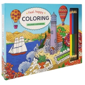 Vergroot Feel happy coloring - kleurboek & potlodenset Feel happy coloring - kleurboek & potlodenset